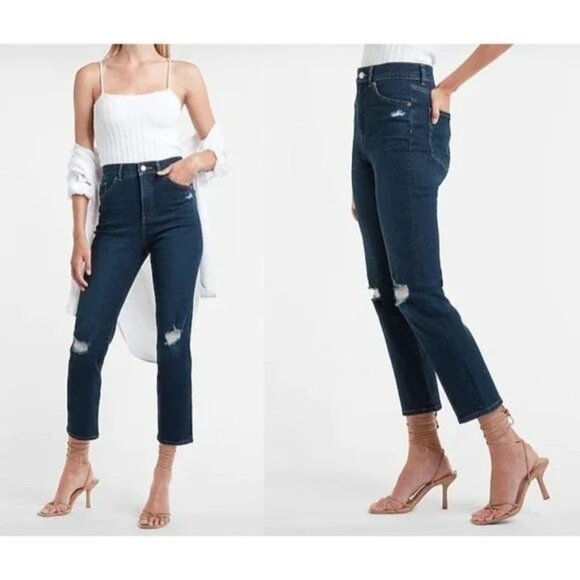 Express Super High Waisted Dark Wash Ripped Slim Jeans 00P - Picture 1 of 4